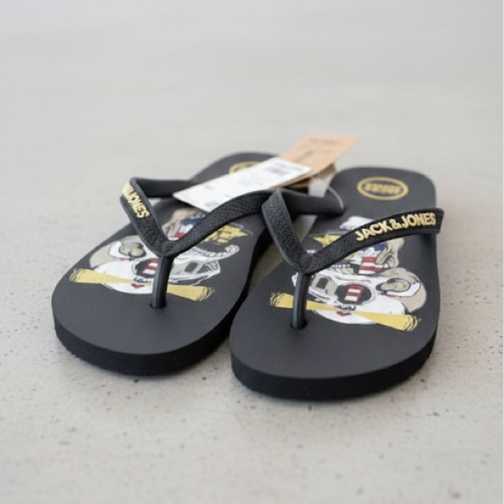 NWT JACK & JONES Mens Logo Flip Flops Sandals Black Summer Beach Shoes Size 9/10